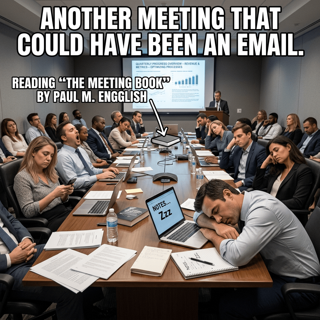 Meeting room meme reading “ANOTHER MEETING THAT COULD HAVE BEEN AN EMAIL. READING “THE MEETING BOOK” BY PAUL M. ENGLISH.”